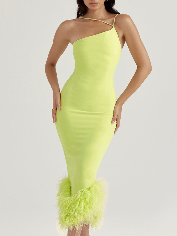 Asymmetric Neckline Feather Trim Midi Dress
