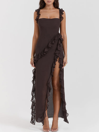 Low Back Ruffle Frill Trim High Split Maxi Dress