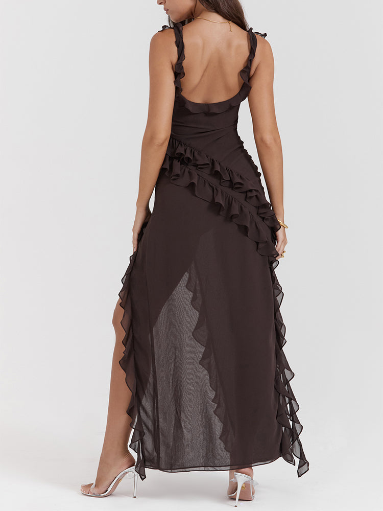 Low Back Ruffle Frill Trim High Split Maxi Dress