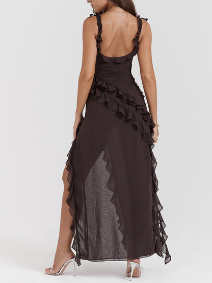 Low Back Ruffle Frill Trim High Split Maxi Dress
