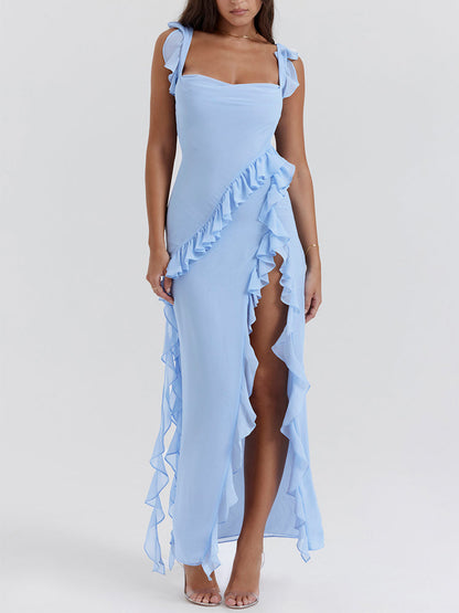Low Back Ruffle Frill Trim High Split Maxi Dress