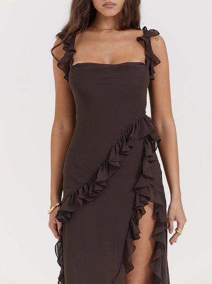 Low Back Ruffle Frill Trim High Split Maxi Dress