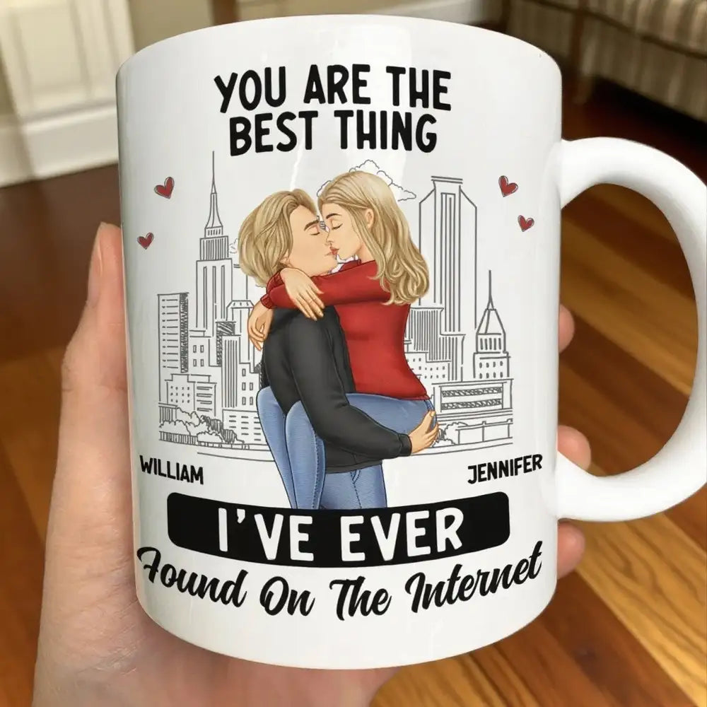 White Ceramic Mug with Couple Hug Design, Cityscape Background, Romantic Vibe, Perfect Gift for Lovers