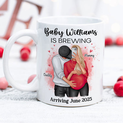 Baby Is Brewing Pregnancy Hugging Couple Personalized Mug Expecting Mom Gift, Expecting Parents Gift, Gift