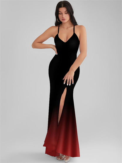CATALINA Black Gradient Print Backless Plunge Maxi Dress