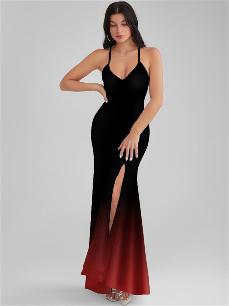 CATALINA Black Gradient Print Backless Plunge Maxi Dress
