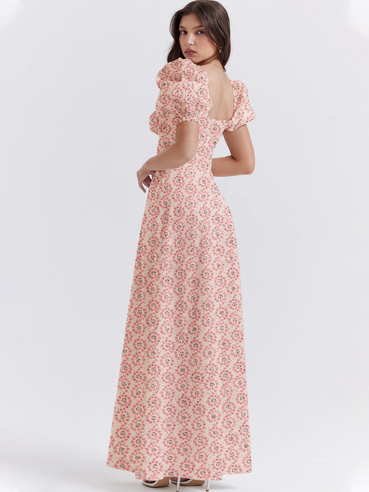 Floral Print Square Neckline Puff Sleeves Maxi Dress