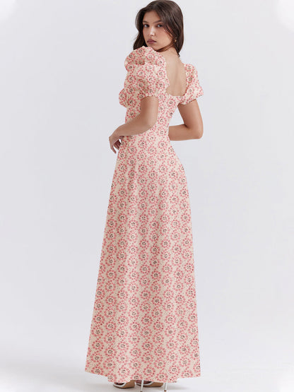 Floral Print Square Neckline Puff Sleeves Maxi Dress