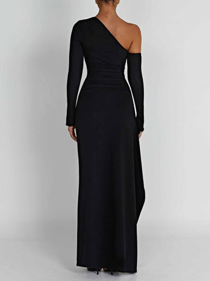 Asymmetric One Shoulder High Slit Drape Maxi Dress