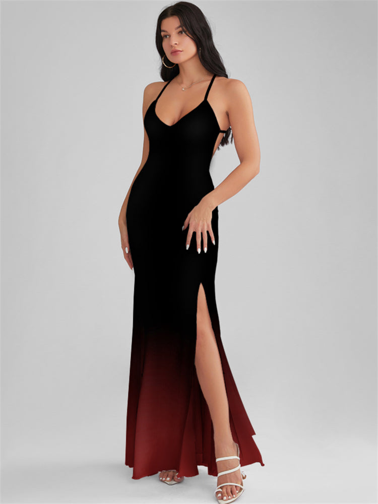 CATALINA Black Gradient Print Backless Plunge Maxi Dress
