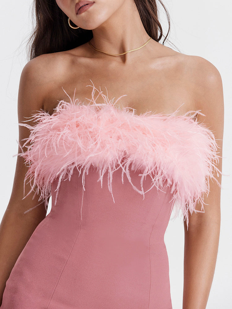 Pink Feather Trim Strapless Mini Dress