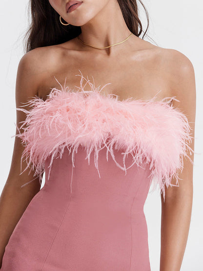 Pink Feather Trim Strapless Mini Dress