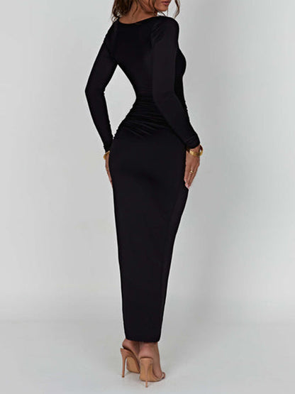 Scoop Neck Ruched Side Slit Long Sleeve Maxi Dress