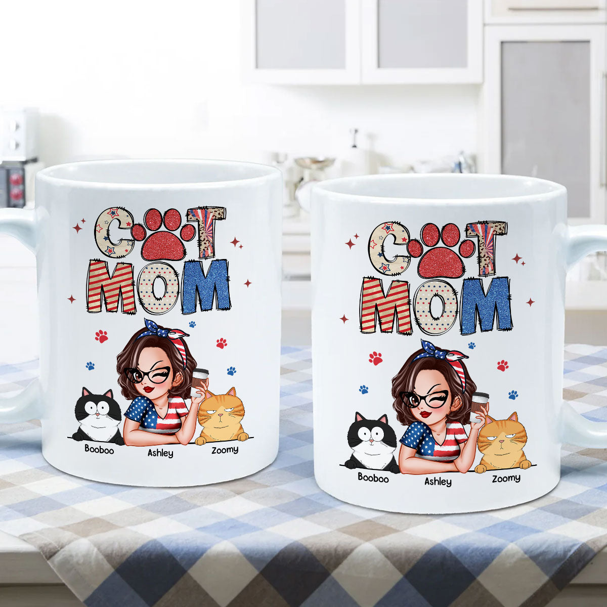 Cat Mom 4th of July America Sparkly Pattern Personalized Mug, Independence Day