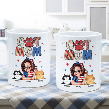 Cat Mom 4th of July America Sparkly Pattern Personalized Mug, Independence Day
