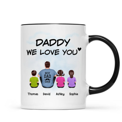 Daddy We Love You Back View Man Sitting With Kids Dog Cat Personalized Mug