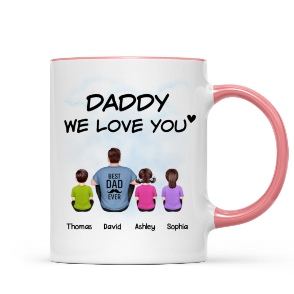 Daddy We Love You Back View Man Sitting With Kids Dog Cat Personalized Mug