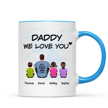 Daddy We Love You Back View Man Sitting With Kids Dog Cat Personalized Mug