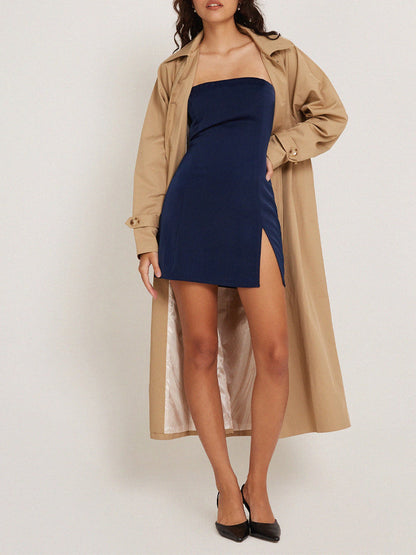 Navy Bandeau Side Slit Fitted Mini Dress