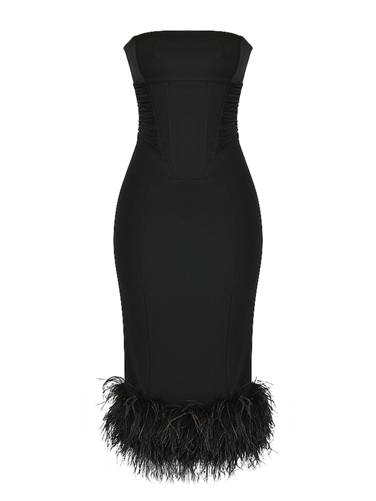 Strapless Feather Trim Midi Prom Black Dress