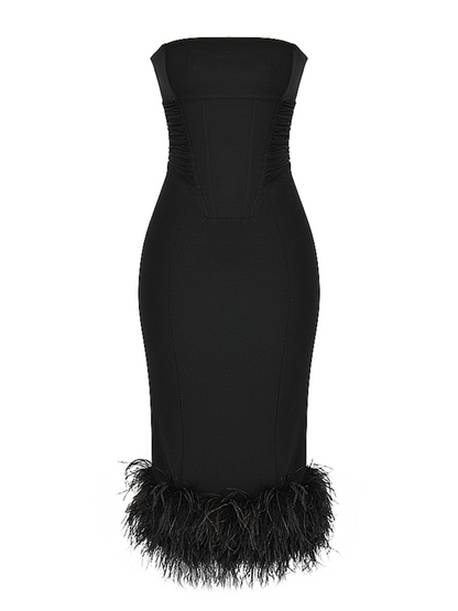 Strapless Feather Trim Midi Prom Black Dress