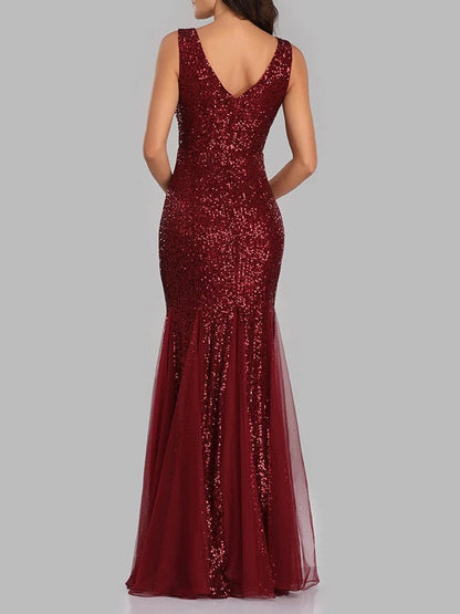 Sequin Tulle V-Neck Mermaid Floor Length Prom Dresses