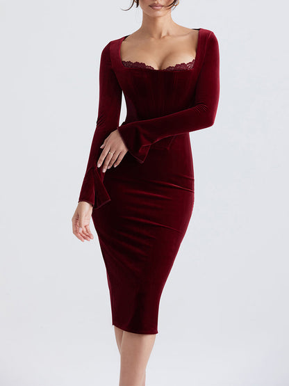 Wine Velvet Corset Lace Trim Long Sleeve Midi Dress