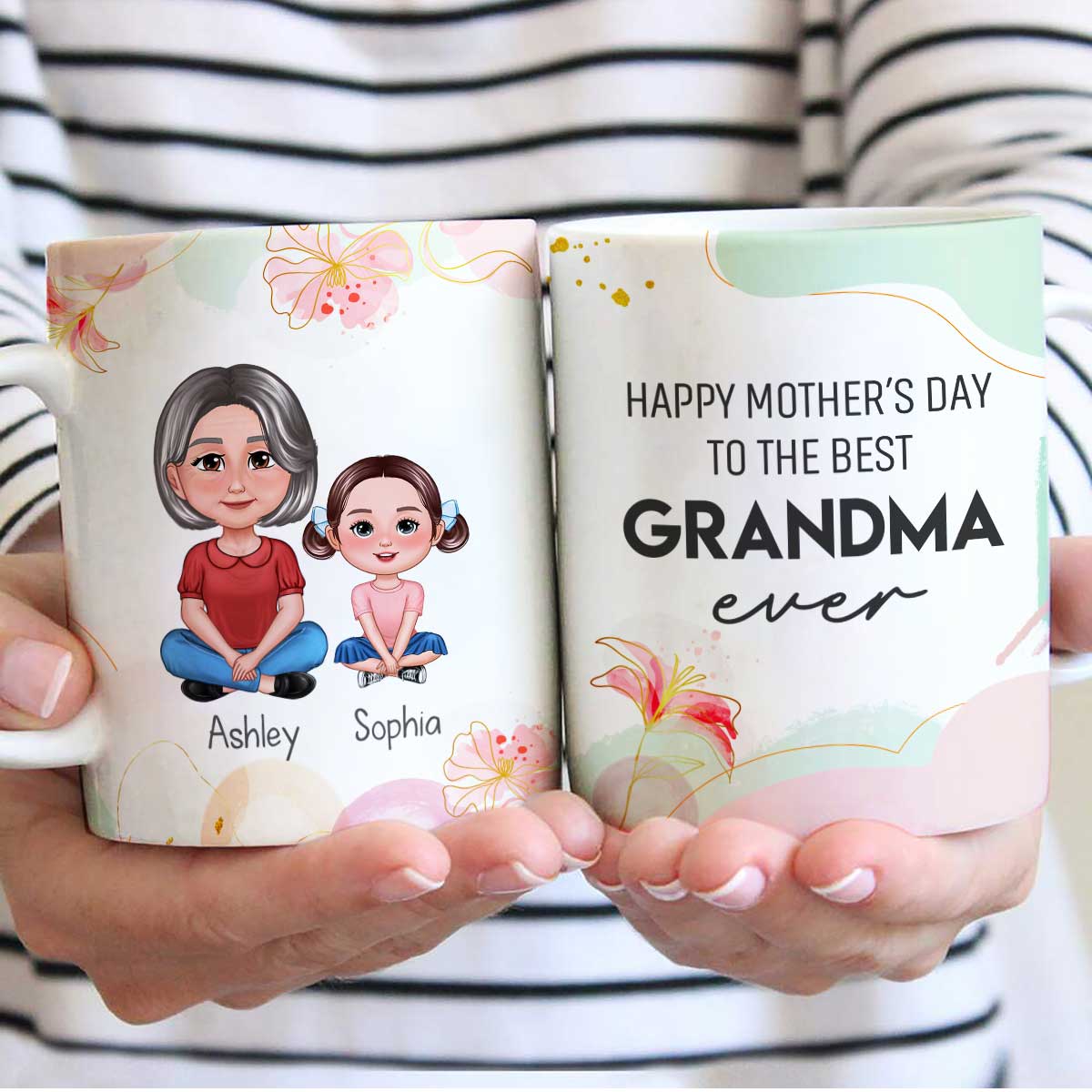 Happy Mother's Day Best Grandma Ever Pretty Woman & Kids Watercolor Abstract Personalized Mug