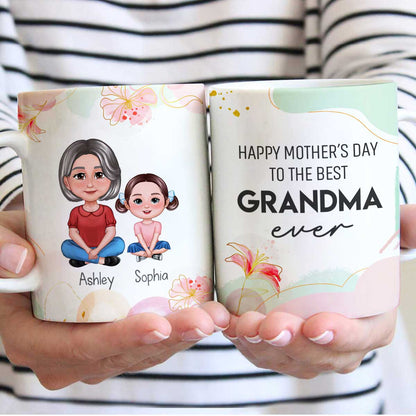 Happy Mother's Day Best Grandma Ever Pretty Woman & Kids Watercolor Abstract Personalized Mug