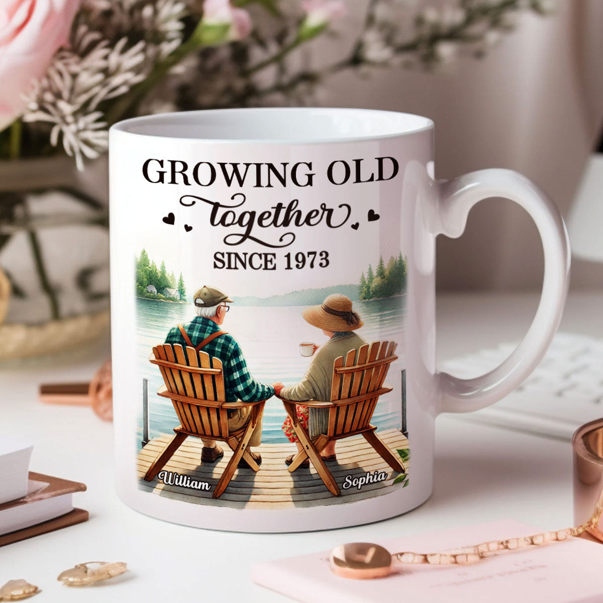 Back View Old Couple Sitting Together On The Lake Dock Personalized Mug, Heartfelt Gift For Him, For Her, Husband, Wife