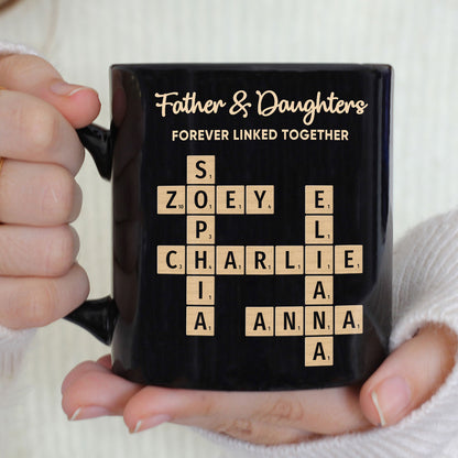 Father & Daughters Sons Forever Linked Together Crossword Puzzle Art Personalized Mug, Heartfelt Father's Day Gift For Dad