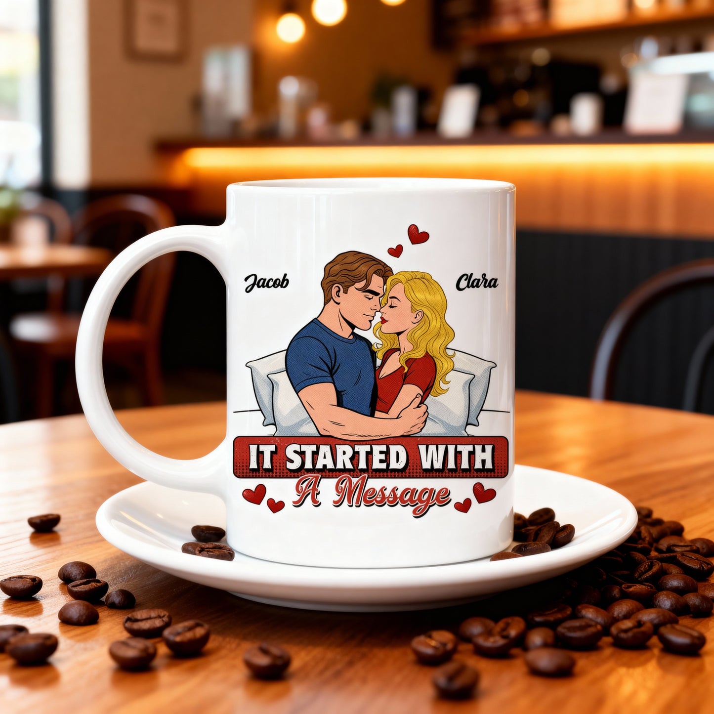 Personalized Ceramic Mug It Started With A Message Couple Hugging Cute Cartoon Style Unique Romantic Gift