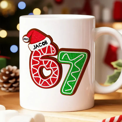 Personalized "67" Christmas Mug with Cute Cookie Design, Custom Name Holiday Gift for Kids, Teens & Grandkids