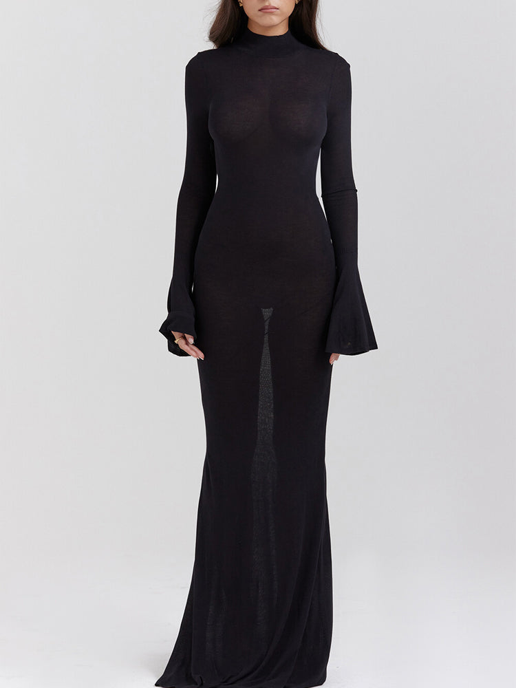 Black Knit Fluted Sleeves Backless Sheer Maxi Dress