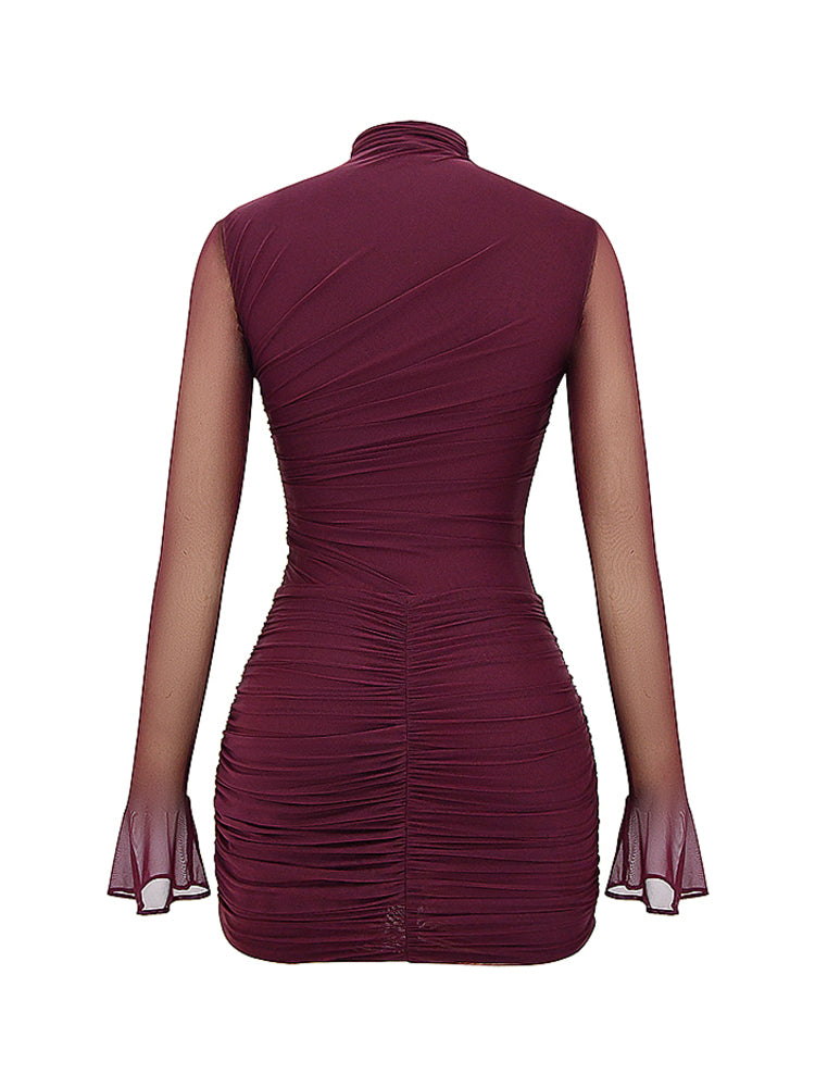 Mesh High Mock Neck Bodycon Ruched Mini Dress