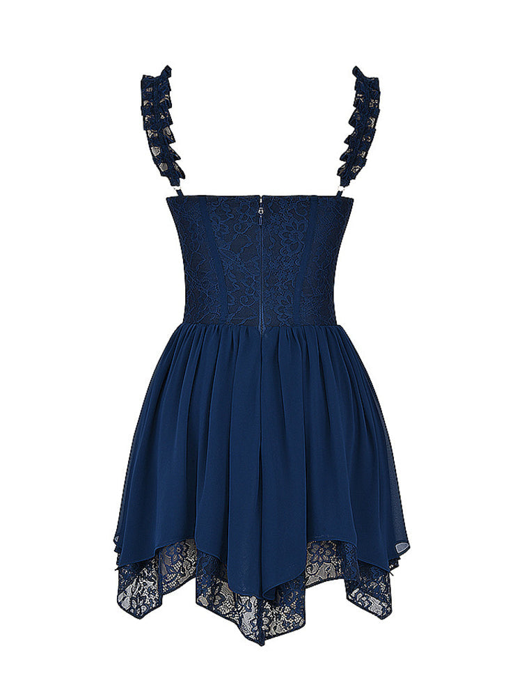 Navy Ruffle Straps Corset Layered Hanky Mini Dress