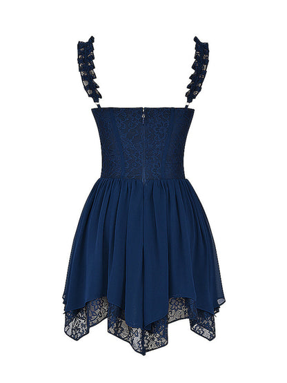 Navy Ruffle Straps Corset Layered Hanky Mini Dress