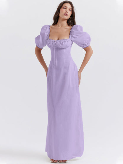 Lavender Square Neckline Puff Sleeves Maxi Dress