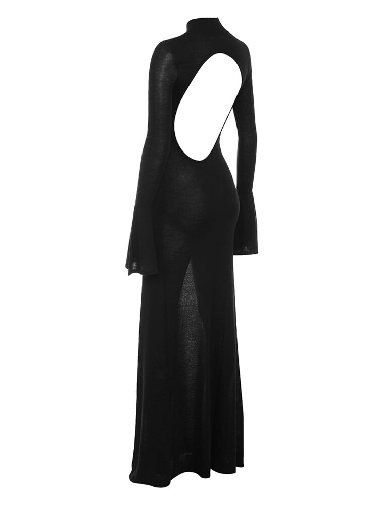 Black Knit Fluted Sleeves Backless Sheer Maxi Dress
