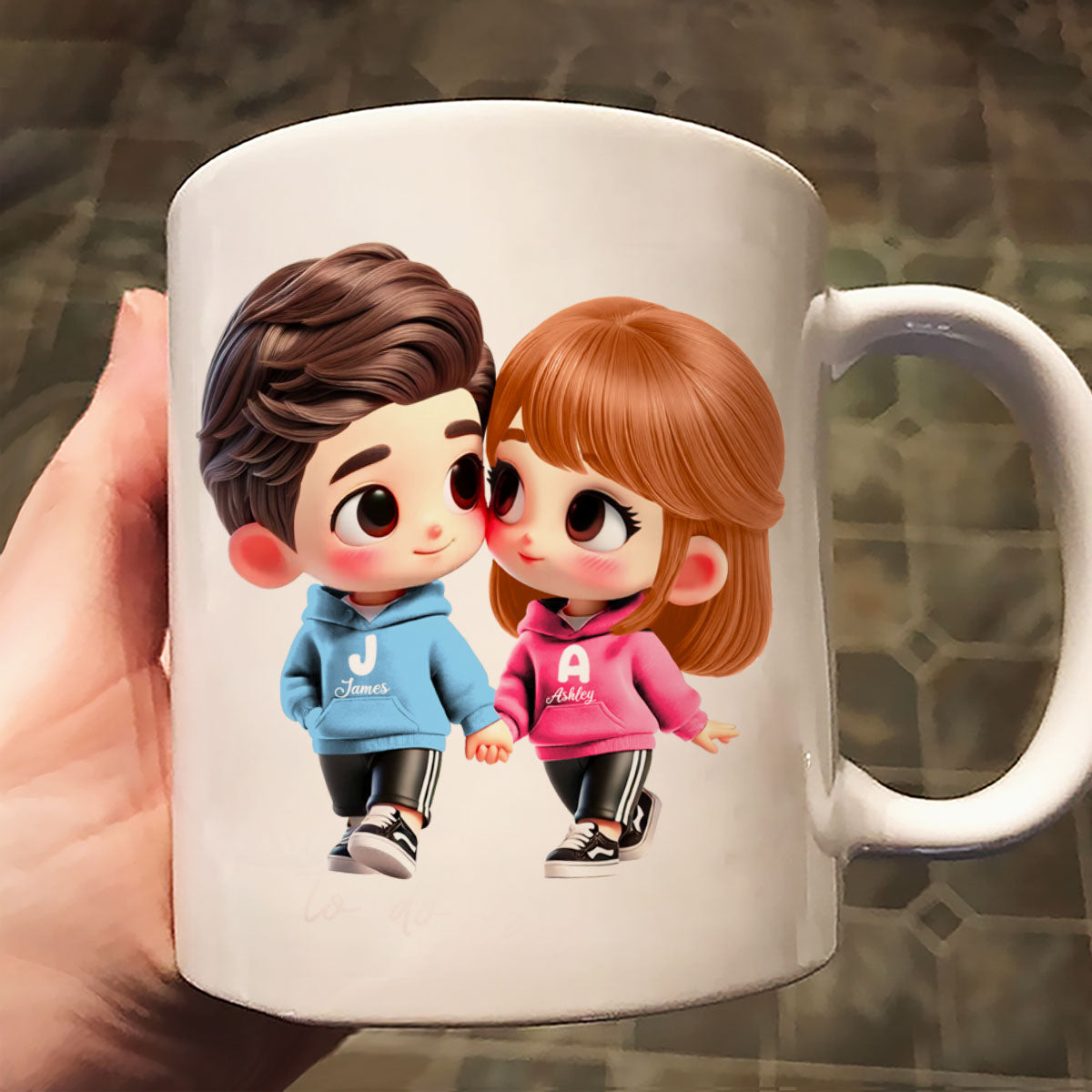 3D Effect Cute Cartoon Couple Holding Hands Personalized Mug, Anniversary & Gift for him, Gift for her