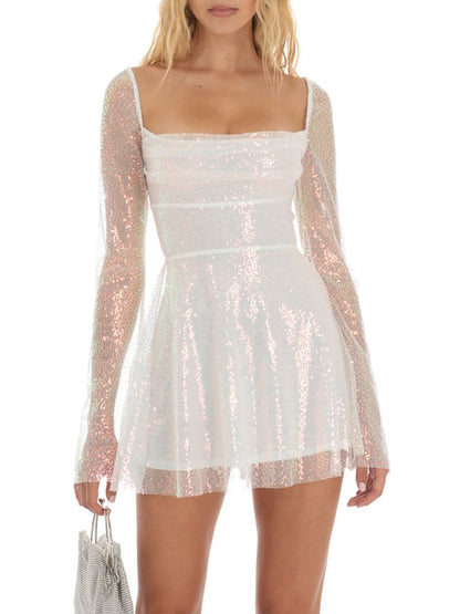 Sequin Lace-up Back Long Sleeves Flare Mini Dress