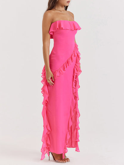 Fuchsia Strapless Ruffle Side Slit Maxi Dress
