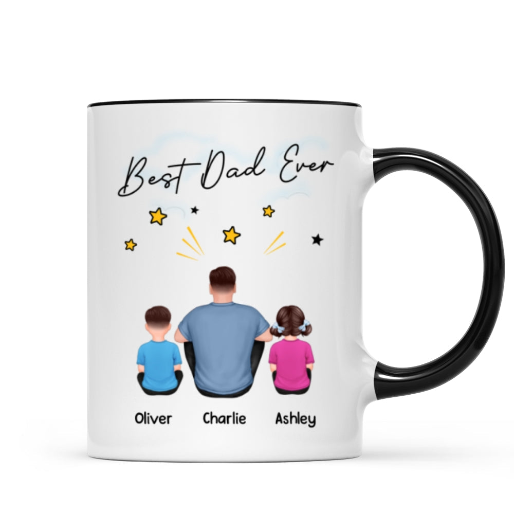 Happy Father's Day To Our Hero Back View Sitting Dad Kids Dog Cat Personalized Mug
