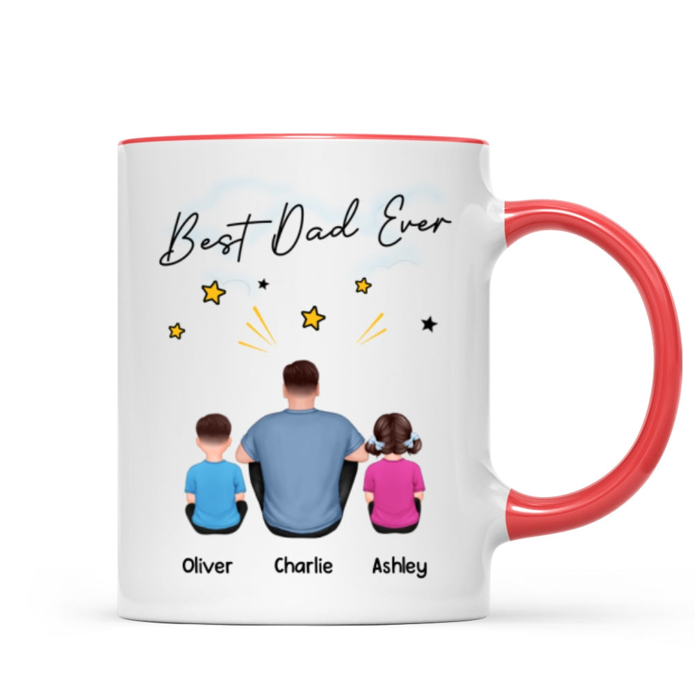 Happy Father's Day To Our Hero Back View Sitting Dad Kids Dog Cat Personalized Mug