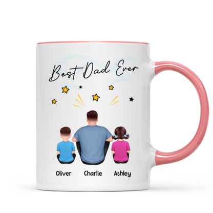 Happy Father's Day To Our Hero Back View Sitting Dad Kids Dog Cat Personalized Mug