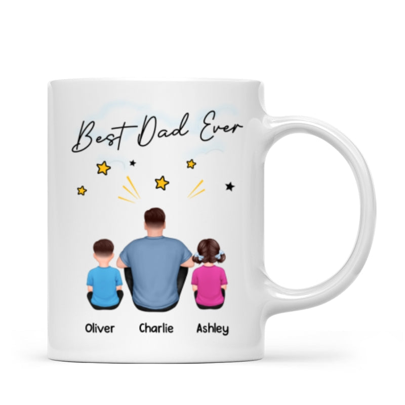 Happy Father's Day To Our Hero Back View Sitting Dad Kids Dog Cat Personalized Mug