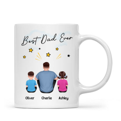Happy Father's Day To Our Hero Back View Sitting Dad Kids Dog Cat Personalized Mug