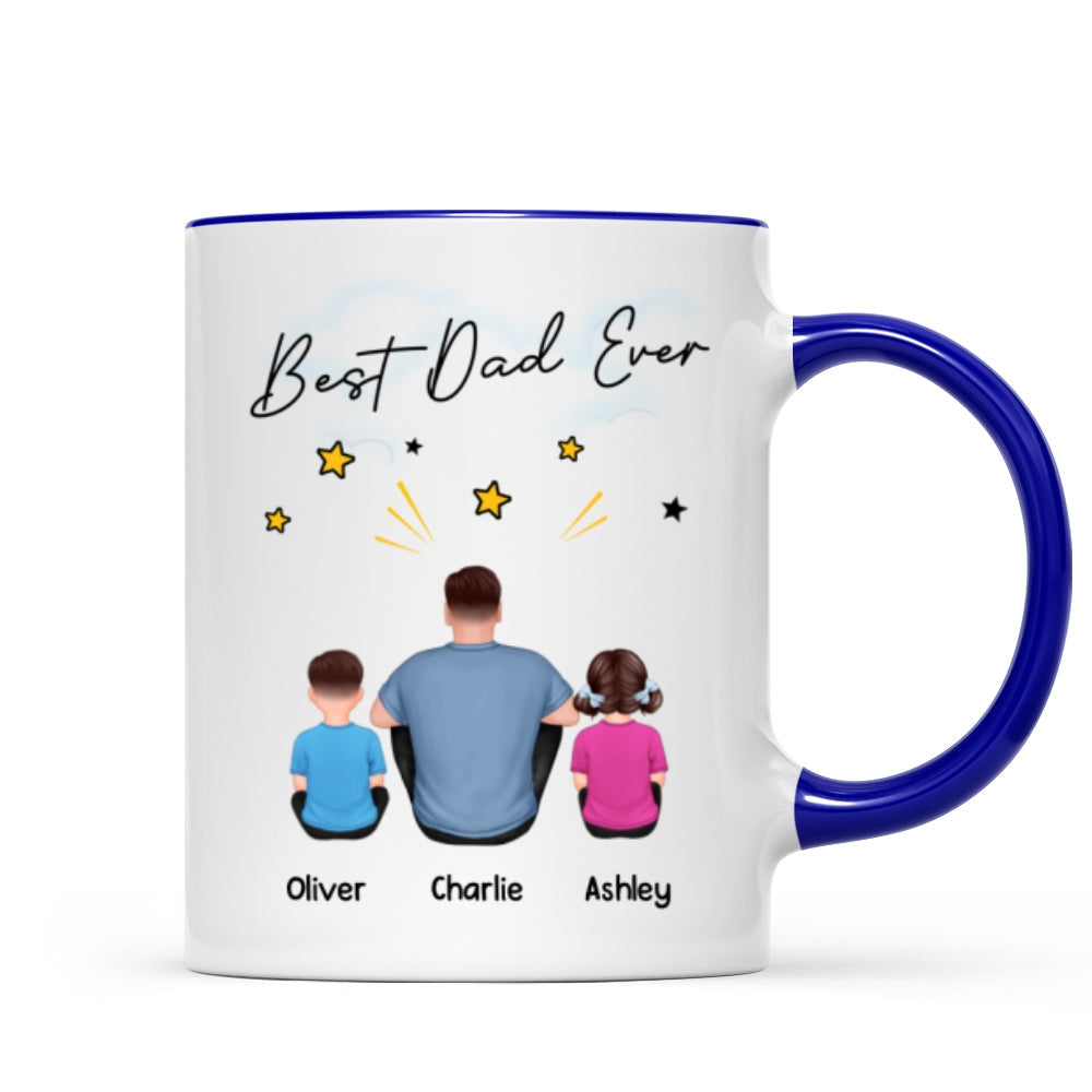 Happy Father's Day To Our Hero Back View Sitting Dad Kids Dog Cat Personalized Mug