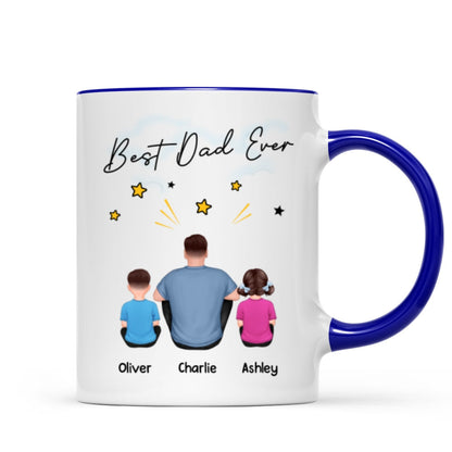 Happy Father's Day To Our Hero Back View Sitting Dad Kids Dog Cat Personalized Mug