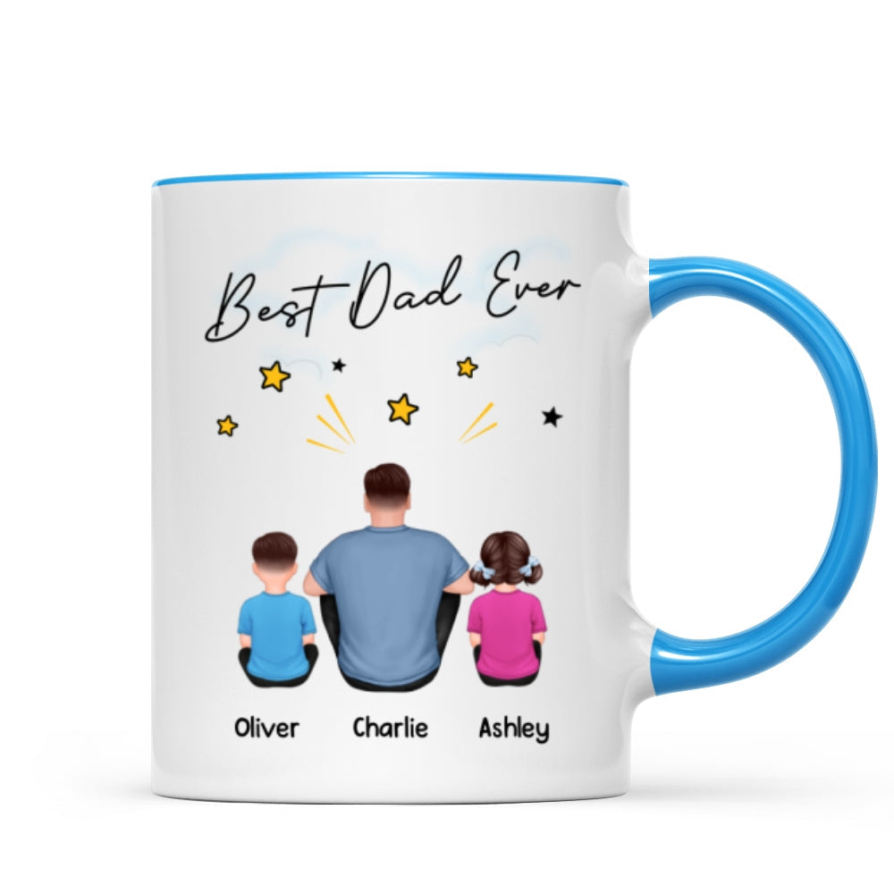 Happy Father's Day To Our Hero Back View Sitting Dad Kids Dog Cat Personalized Mug